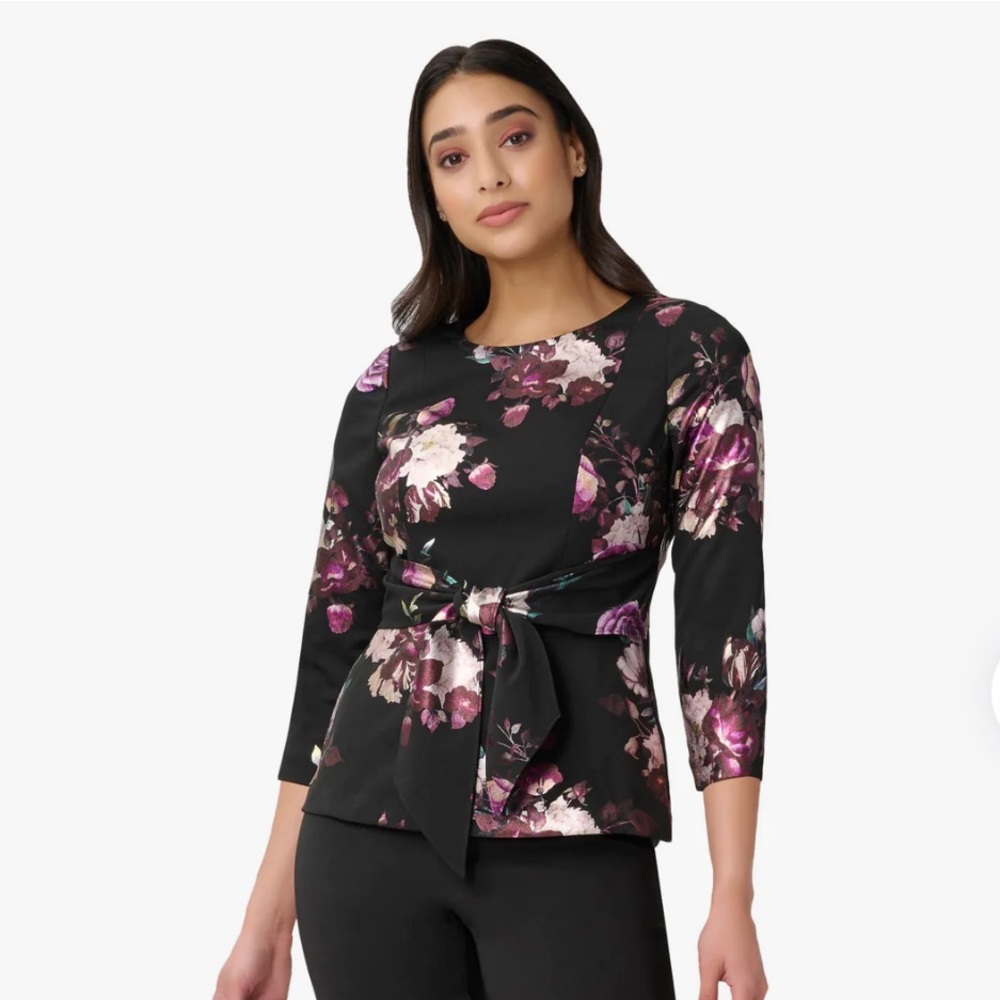 Adrianna Papell FOILED FLORAL-PRINT TIE-FRONT
CREPE TOP IN BLACK MULTI